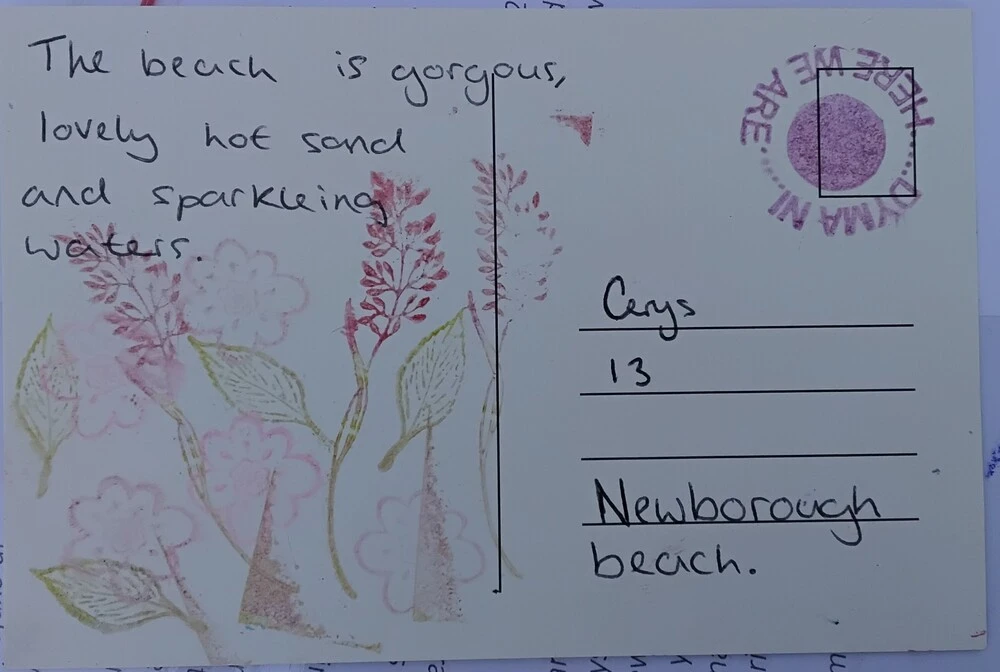 Back of postcard by , age 